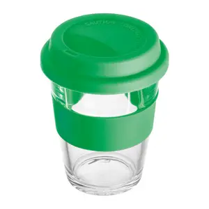 Glass mug with silicon sleeve and lid